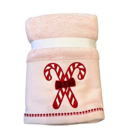 Set of 2 Pink Christmas Hand Towels Peppermint Candy Cane Bow 100% Cotton NEW - Picture 7 of 10
